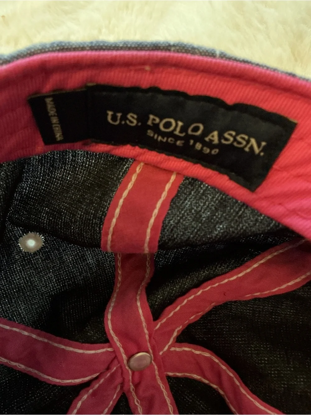 U.S. Polo Assn. Chambray Blue Baseball Cap Pink Trim Adjustable Cotton Hat EUC